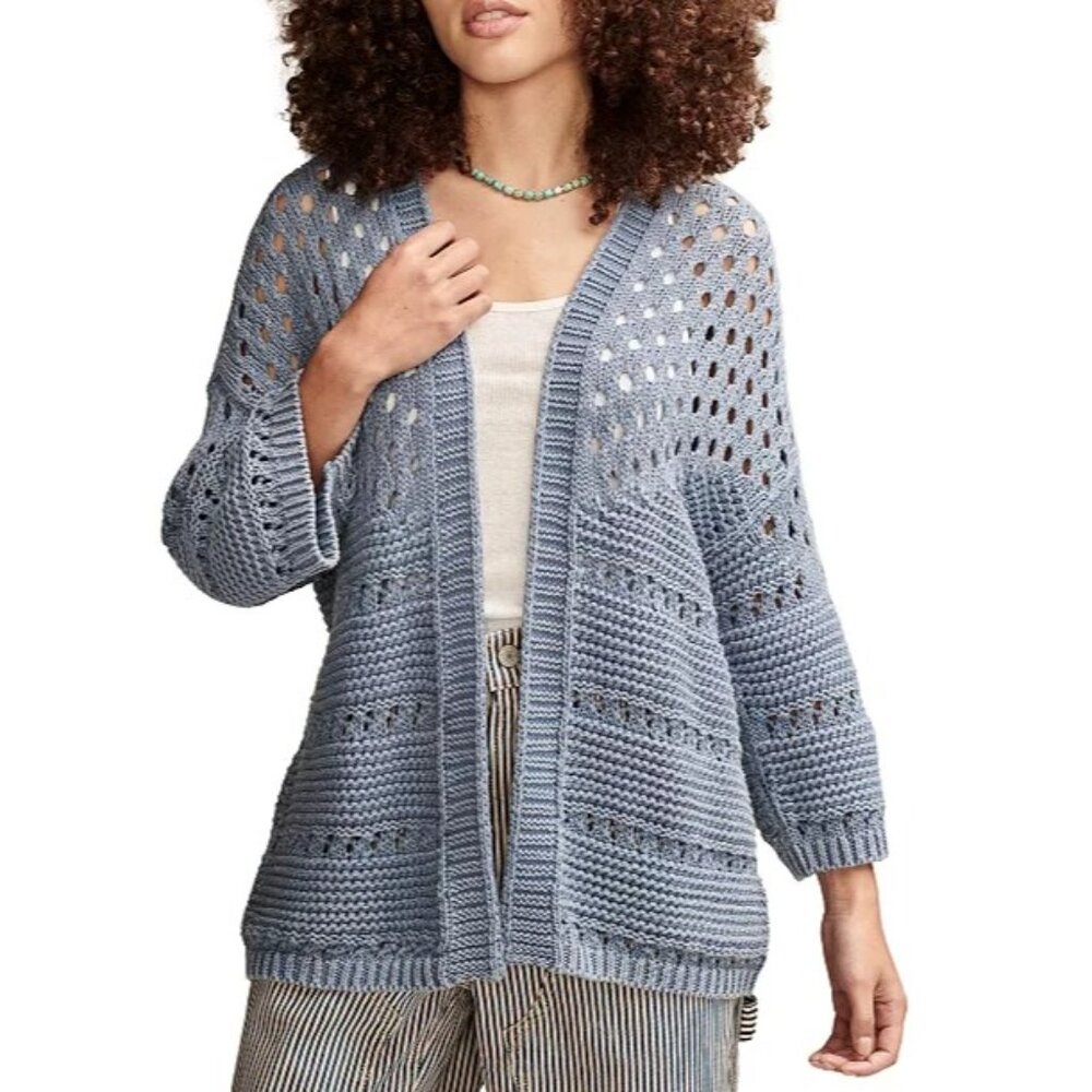 Lucky Brand Women's blue Cotton Crochet Open-Front Cardigan Sweater size S - Picture 2 of 8